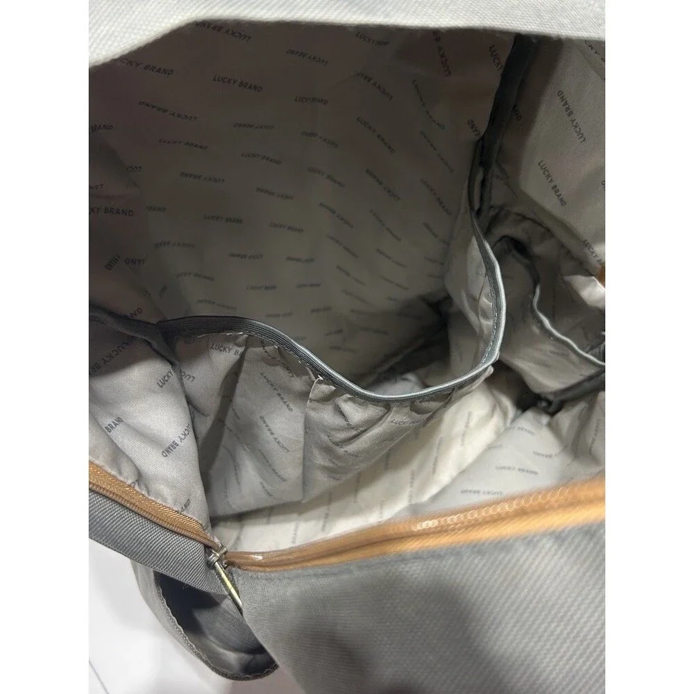 Lucky Brand Grey Canvas Backpack Tan Faux Leather Trim Clover Logo Travel Bag